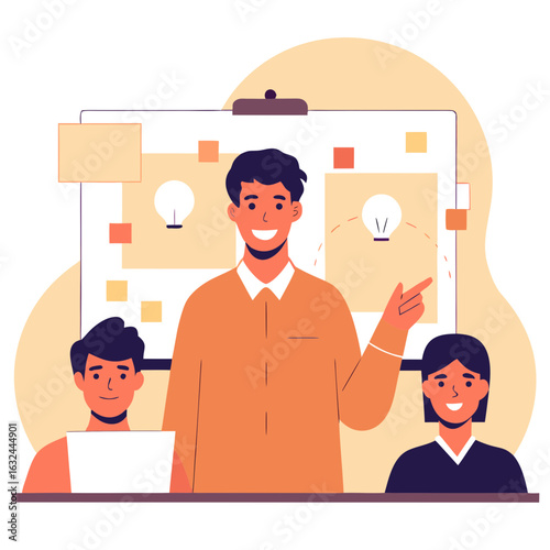 Confident mentor guides team, sparks innovation with whiteboard presentation success