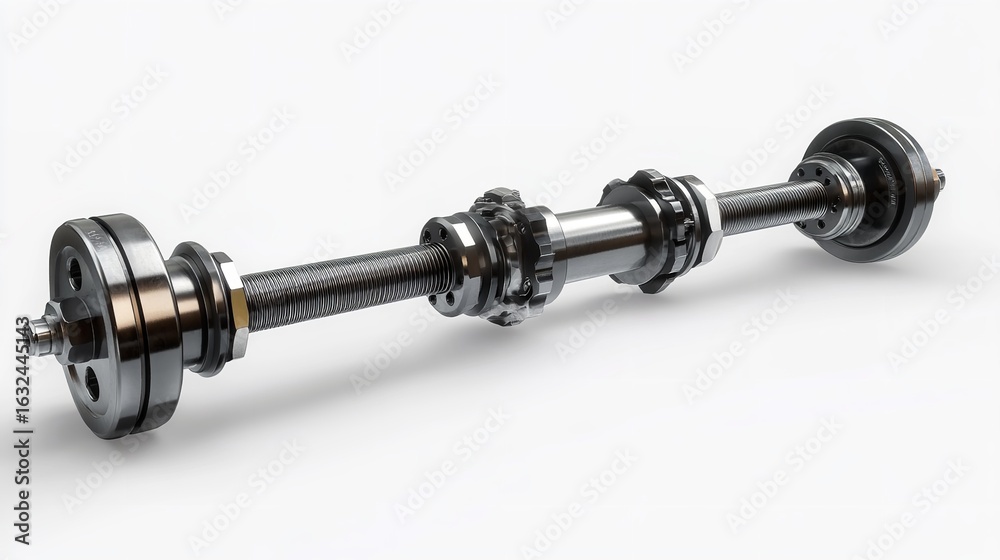 Fototapeta premium Close up of a metal threaded rod with gears and circular plates on a white background studio shot