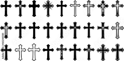 Christian cross icon set. Religion, latin cross silhouette, faith cross, crosses - stock vector.