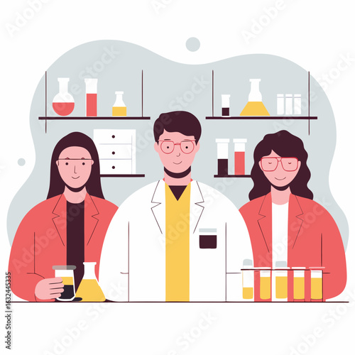 Scientists collaborate in modern lab, conducting experiments with test tubes and beakers
