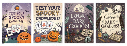 Set of four posters Halloween illustrations with pumpkins skulls and eerie quiz elements