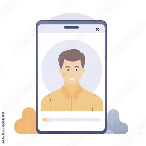 Smiling man appears on smartphone screen during video call with leaves nearby
