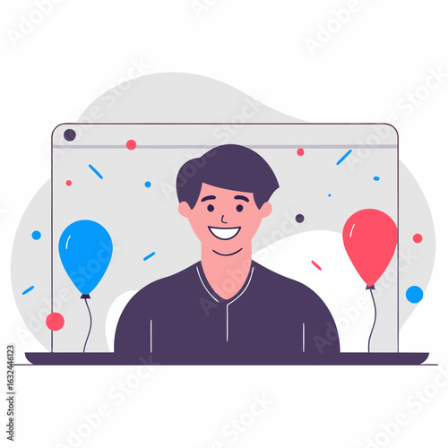 Man celebrates online success with balloons and confetti, virtual party vibe
