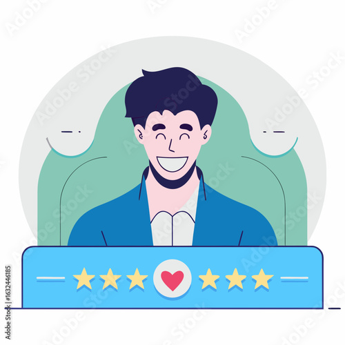 Happy customer celebrates five-star rating with enthusiastic smile and positive feedback