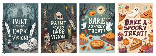 Set of four posters featuring spooky cartoon illustrations with skulls candles and Halloween treats
