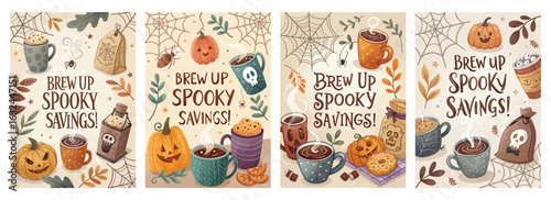 Set of four whimsical autumn posters with pumpkins coffee cups and Halloween motifs