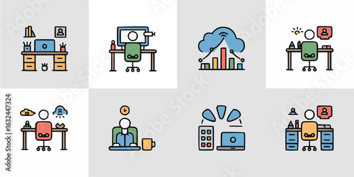 Modern remote and hybrid office lifestyle concept with diverse workers and technology elements