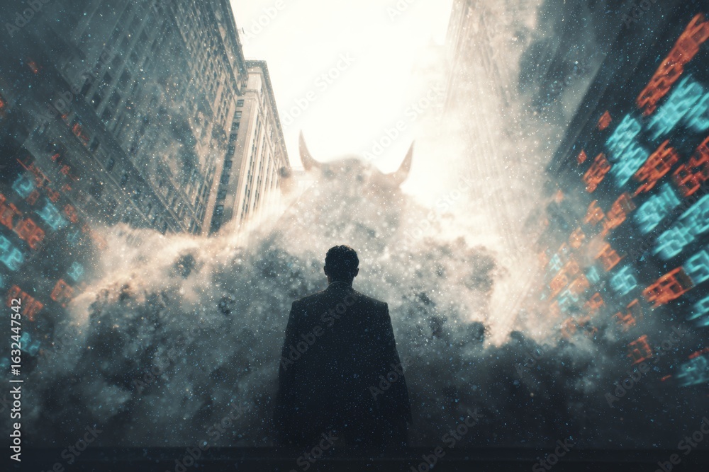 Fototapeta premium Dramatic silhouette of businessman facing bull statue in misty financial district symbolizing market confidence Wall Street and bullish investment sentiment