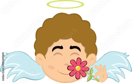 vector illustration face angel character cartoon, smelling a flower