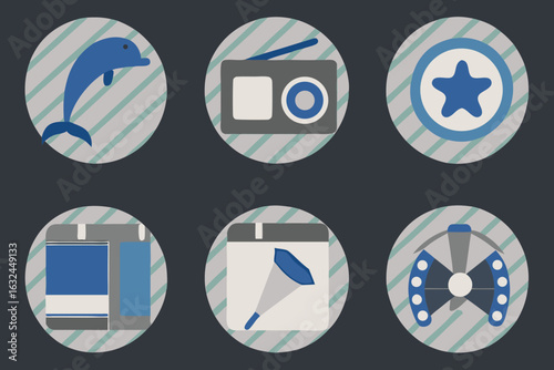 Set of high quality icons Circular Icons with Blue and Gray Tones Featuring Dolphin Radio Starfish and More circle graphic