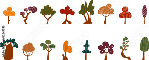 Collection of simple autumn trees on white background. Hand drawn forest elements with flat shapes and seasonal colors. Set of trees with different crowns. Botanical cartoon vector illustrations