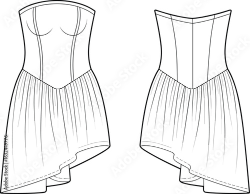 PrintFashionable asymmetrical corset dress sketch, elegant women's wear design, trendy dress illustration, high-low hemline, fashion template, garment drawing