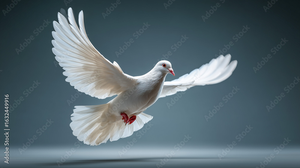 Obraz premium White dove in flight with wings fully spread on a soft gray background.