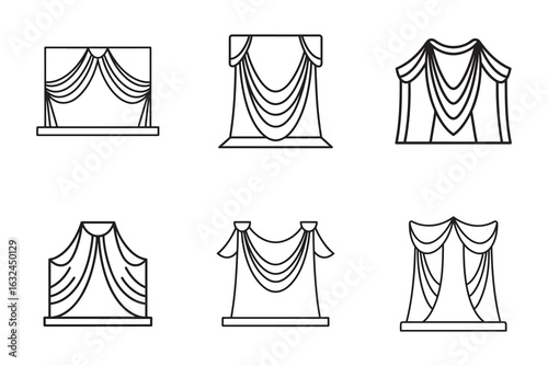 Elegant Curtain Designs Vector Illustration for Interior Decoration and Theatrical Performances Set of Six Linear Drawings