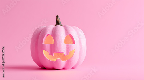 Pink jack-o'-lantern with glowing face on a pastel pink background.