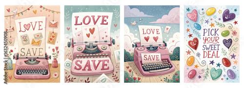 Set of four posters with vintage typewriters featuring love and save messages in pastel colors