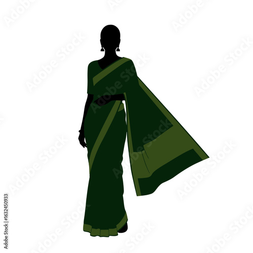 Elegant woman in green sari silhouette standing with graceful pose. Culture and traditional clothes. Elegance and identity concept. Traveling to India