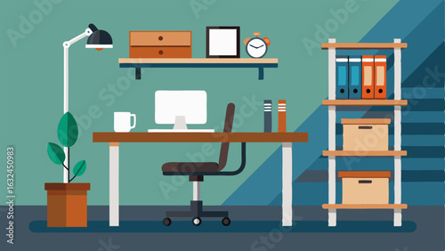 An office space with a simple white desk a black leather office chair and industrialstyle shelving made from reclaimed wood and metal pipes.