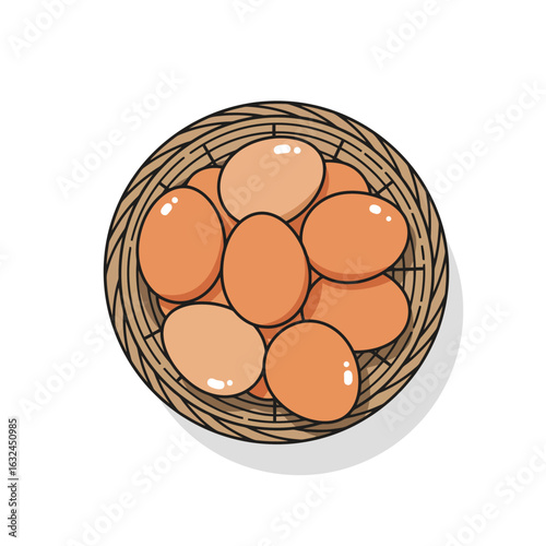 Round wicker basket filled with eggs, top down view, vector illustration. Agriculture and farming, breeding chikens. Easter minimalist arrangement. Diet and protein