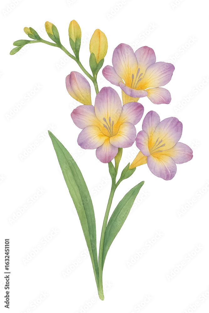 Fototapeta premium Watercolor Freesia Flower on transparent background. Plant, floral