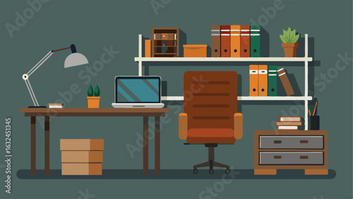 A masculine home office with a metal desk leather chair and shelves made from reclaimed pallet wood.