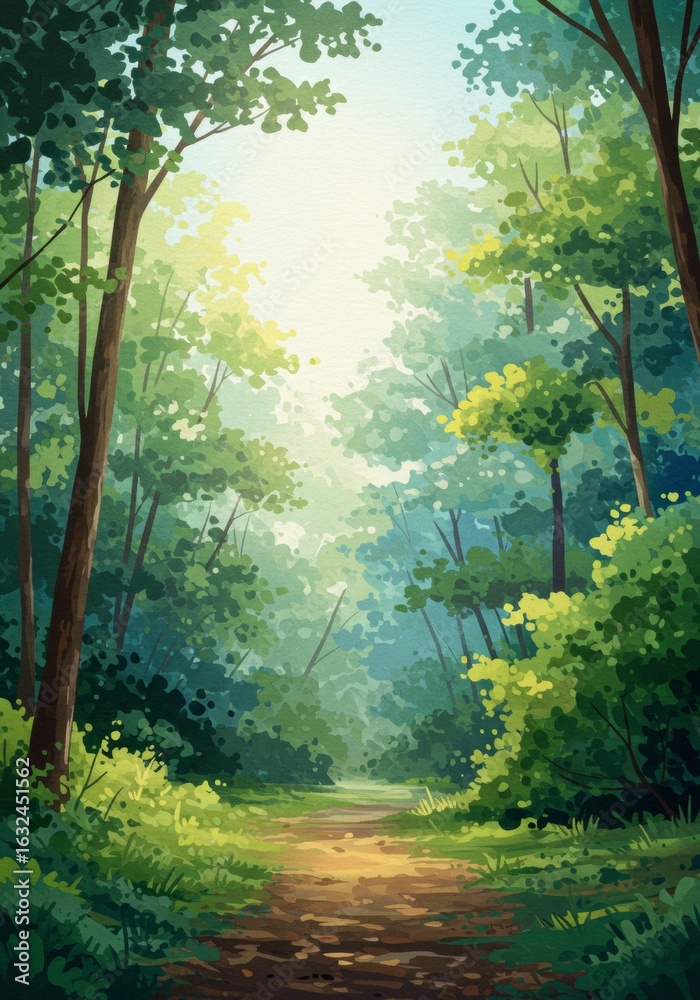 Obraz premium Watercolor painting of a sunlit forest clearing with a winding path