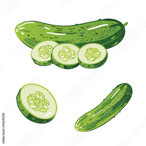 Green cucumbers sliced and whole vector illustration vegetable