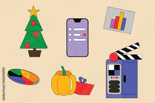 Set of high quality icons Collection of six colorful flat design icons on a cream background symbol graphic