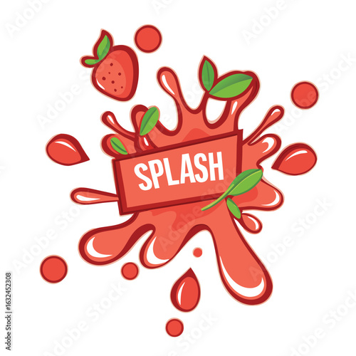 Red strawberry splash with green leaves and droplets liquid juice