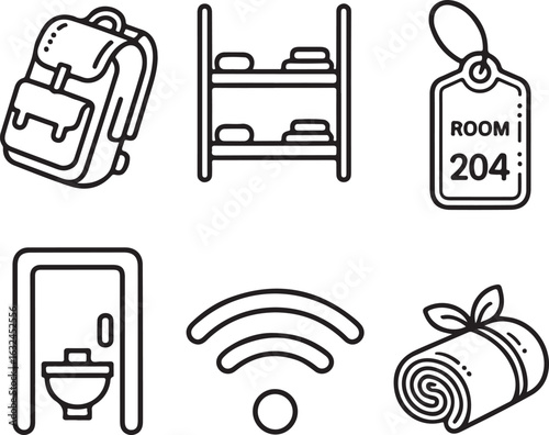 Hostel Shared Room Icons Bunk Bed Setup, Roommate Chat, Sleeping Bag, Earplugs, Eye Mask, and Charging Station