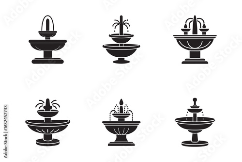 Elegant Fountain Icon Set Collection of Decorative Water Features in Minimalist Black and White Design Elements