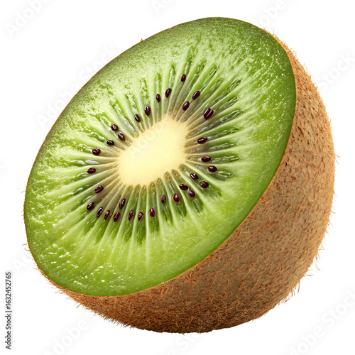 Kiwi, half kiwi isolated, light falling on it from an angle making it more visible and attractive, close-up, transparent background