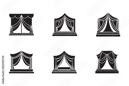Elegant Stage and Theater Curtains Icons Collection in Bold Black Silhouettes for Creative Design Projects and Visual Storytelling
