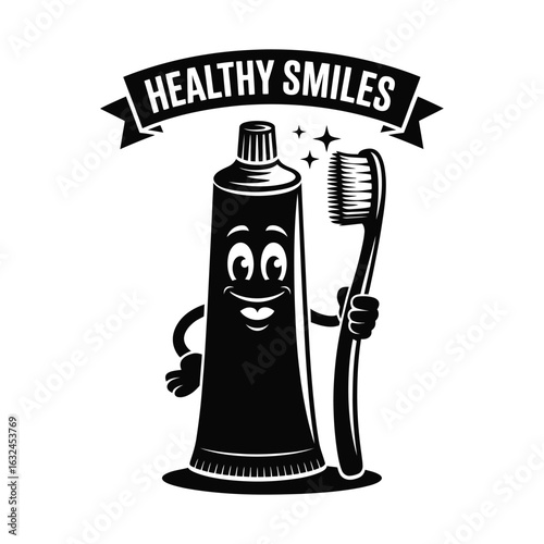 Toothpaste tube mascot dental hygiene cartoon vector silhouette isolated on white background.