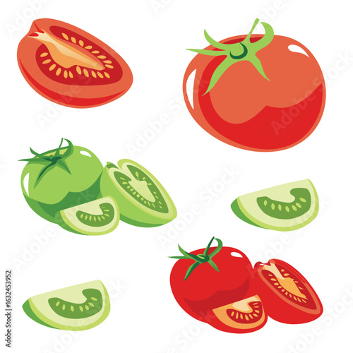 Red and green tomatoes sliced and whole vector illustration