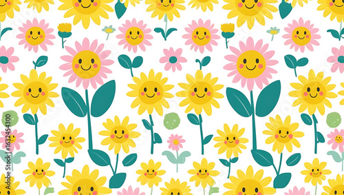 Sunflowers and daisies with smiling faces, flat vector illustration, seamless pattern, pastel yellow and pink color palette, cheerful and playful mood, clean white background, high detail, suitable fo