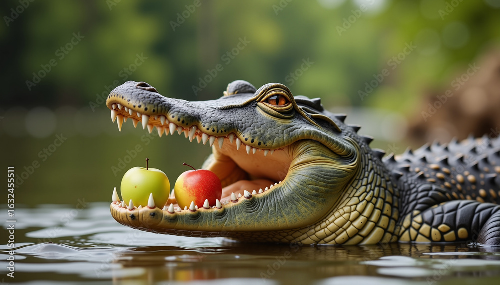 Obraz premium Crocodile with Apples in Mouth Floating in Serene Water. Realistic wildlife, unusual nature, conceptual. For nature blogs, educational content, unique animal facts