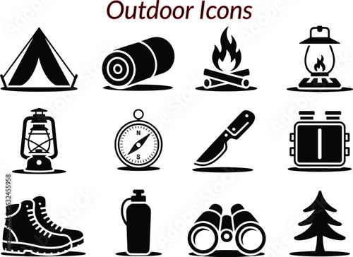 Tent sleeping bag campfire lantern compass knife canteen boots binoculars tree vector. Outdoor icons design.