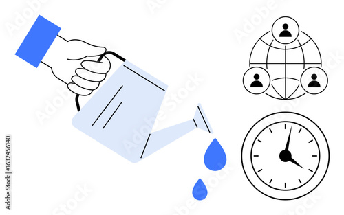 Hand with watering can nurturing growth with water droplets, network of people, clock symbolizing time, effort. Ideal for teamwork, global connection, productivity, sustainability, growth planning