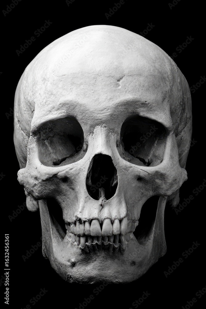 Fototapeta premium A human skull in stark black and white showcasing detailed bone structure