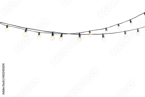 String of warm white fairy lights isolated on transparent background. String lights isolated on white background.