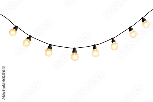 String of warm white fairy lights isolated on transparent background. String lights isolated on white background.