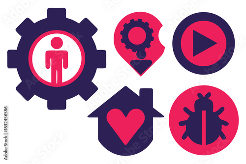 Set of high quality icons Five Flat Design Icons with Business and Lifestyle Themes in Navy Blue and Pink symbol gear