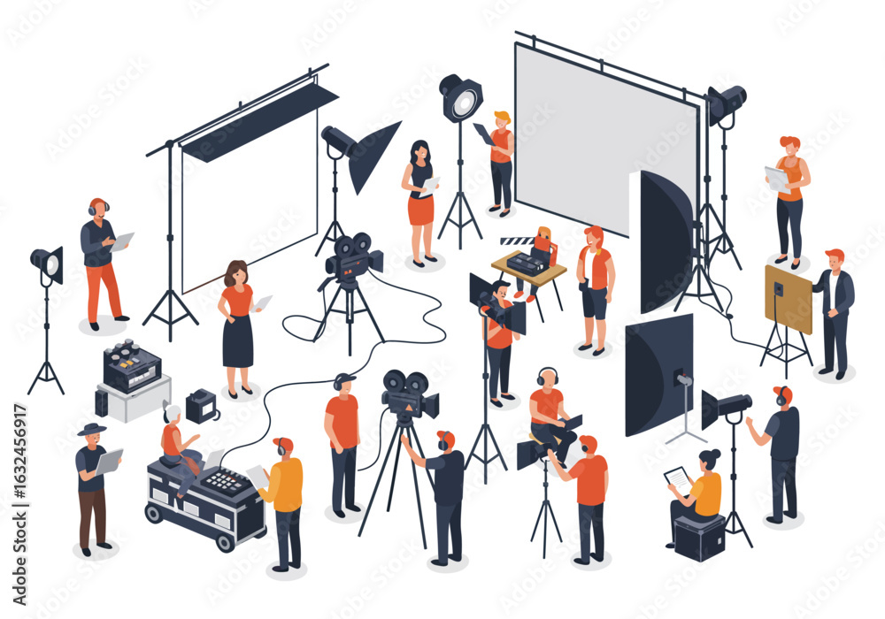 Fototapeta premium A film set scene is depicted with cameras lighting and various crew members in an isometric view