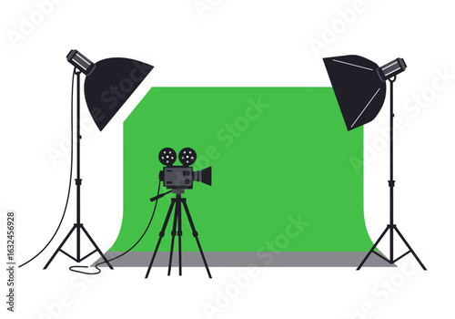 A film studio setup with a vintage camera green screen and lighting
