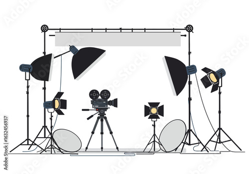 A film studio setup with lights reflectors a backdrop frame and a vintage camera on a tripod