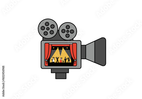 A gray film camera showcases a stage performance with red curtains and spotlights