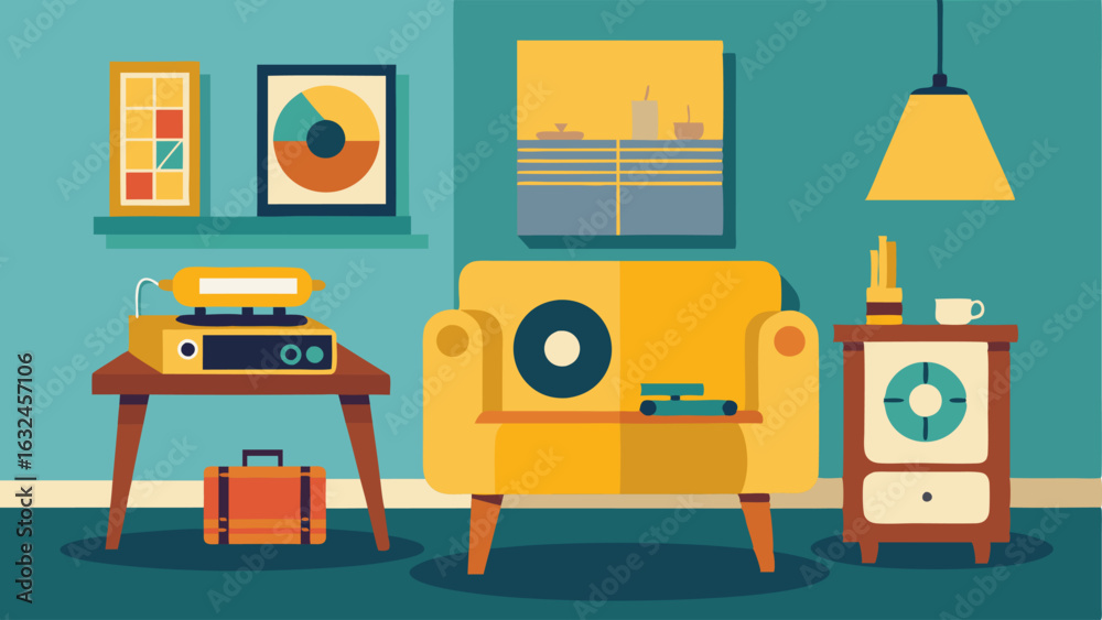 Obraz premium A living room with a retro yellow rotary phone sitting on a side table next to a record player and stack of vintage magazines.