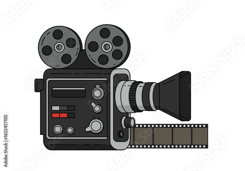An oldfashioned black film camera with reels and exposed film strip