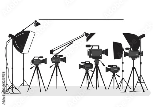 Camera equipment lights booms tripods and recording devices